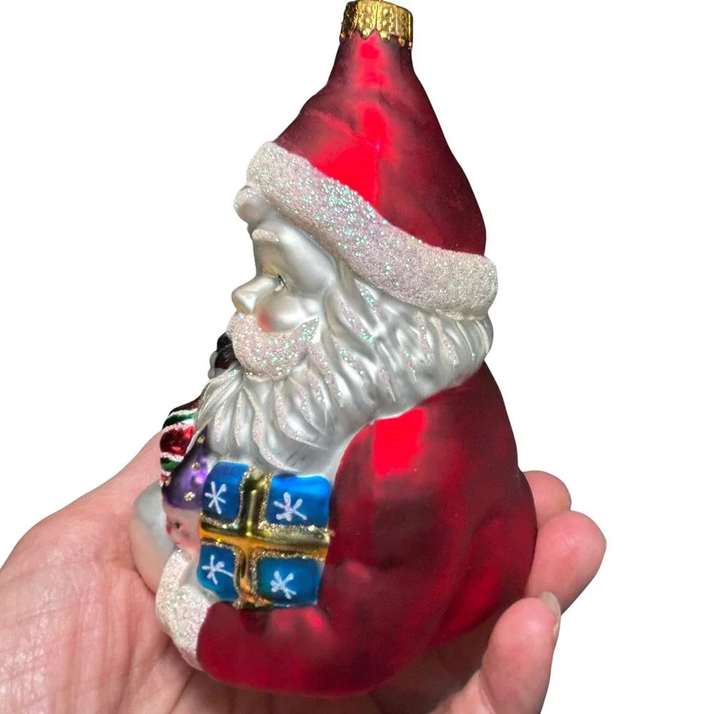 VTG Santa‎ Claus Blown Glass Ornament Red Silver Pipe Gift Glitter 6 Inch